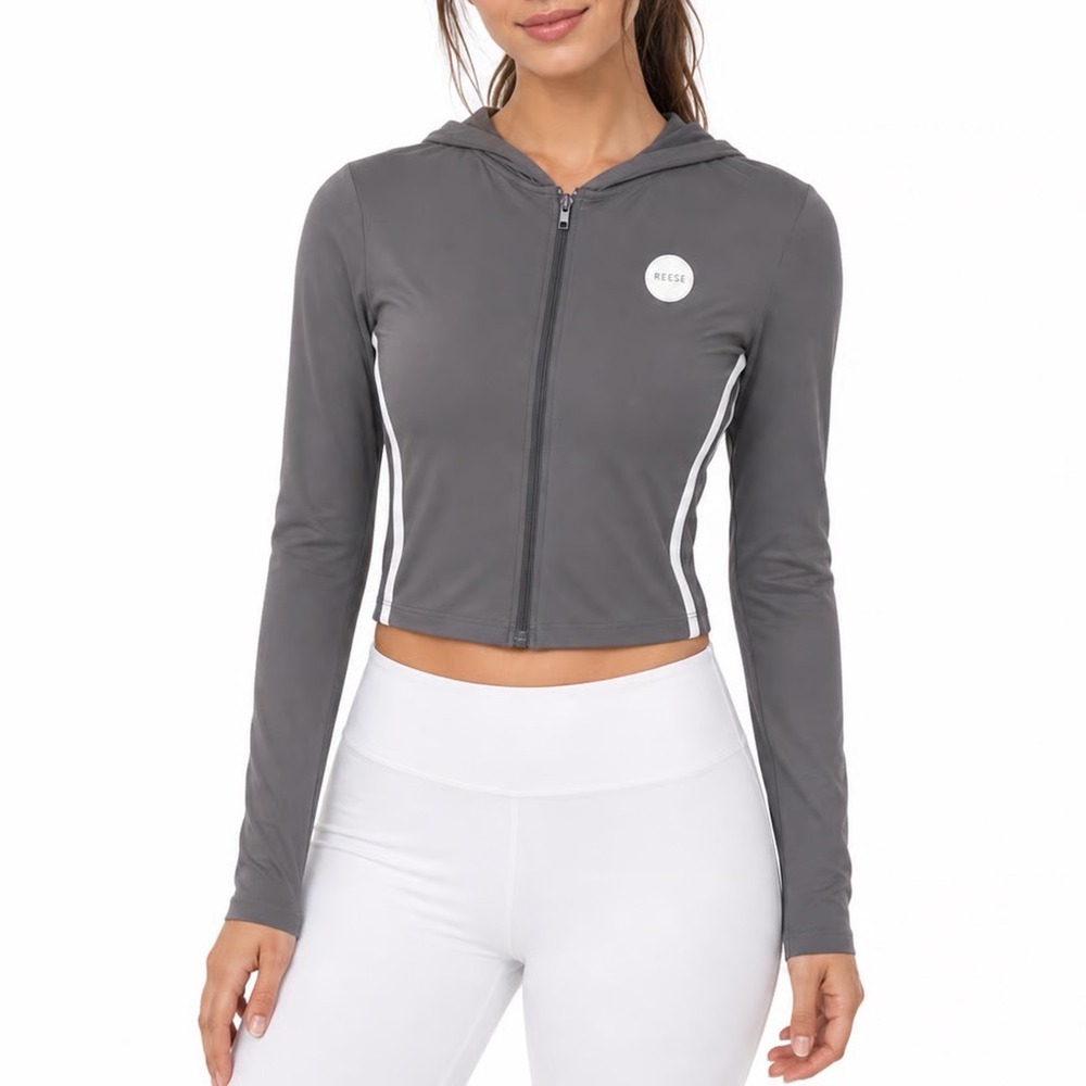 Women's Charcoal Gray Zip-Up Hooded Crop Jacket